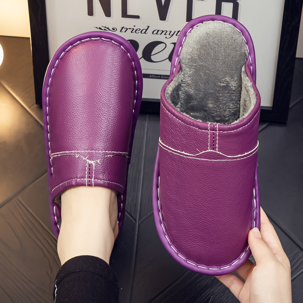 Haining Winter Genuine Leather Cotton Slippers for Women at Home, Couples Indoor Waterproof Anti-Slip Soft Bottom Home Cotton Slippers for Men Wholesale