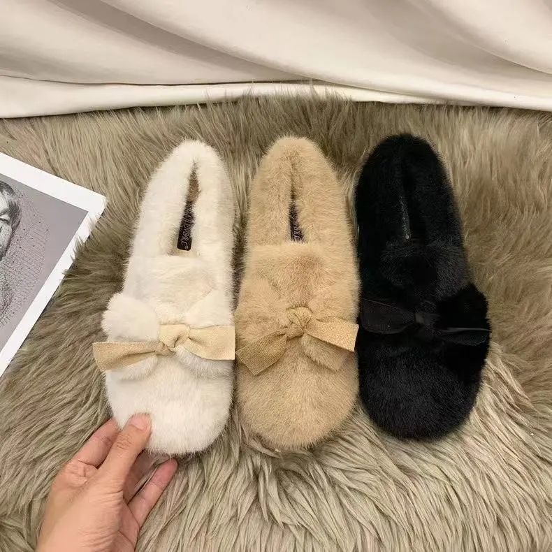 Японские гетры, осенне-зимние мягкие туфли с бантом и помпоном, с флисовой подкладкой, теплые хлопковые лоферы