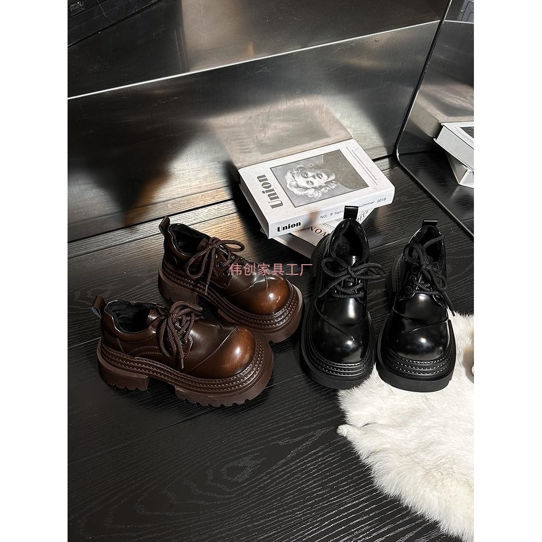 European Genuine Leather Thick-Soled Small Leather Shoes for Women, British Style Round-Toe Lace-Up Derby Shoes, Small Height-Increasing Loafers, Flats