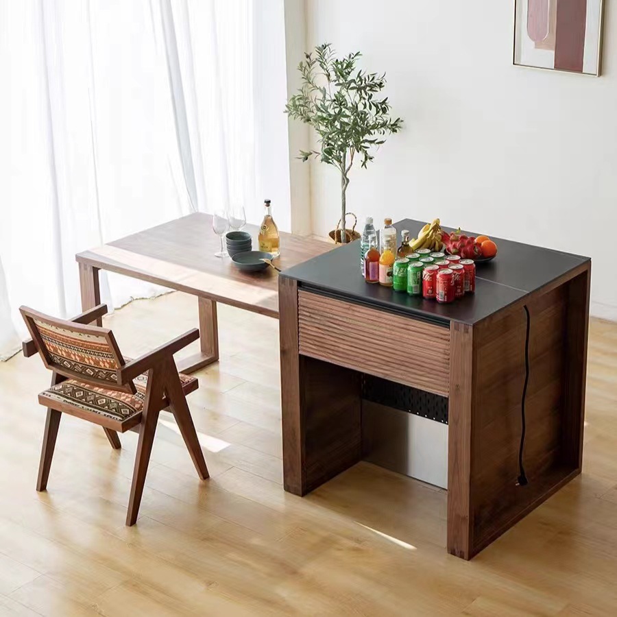 North American Black Walnut Solid Wood Integrated Telescopic Island Table Table Nordic Modern Simple Living Room Log Island Table Storage Cabinet