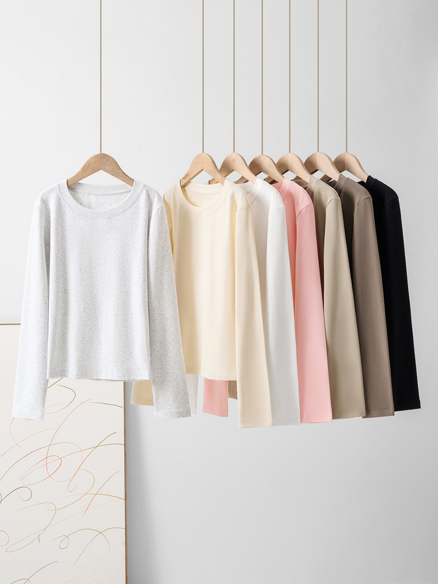 Round Neck, Right Shoulder, Long-Sleeved T-Shirt for Women, Spring & Fall New Style, Slim-Fitting Short Style, Slim Inner Top, Pure Lust Style Bottoming Shirt for Women