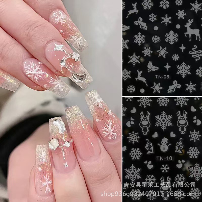 Xiaohongshu Popular Christmas Snowflake Nail Art Stickers White Snowflake Elk Christmas Nail Stickers Manufacturer Wholesale