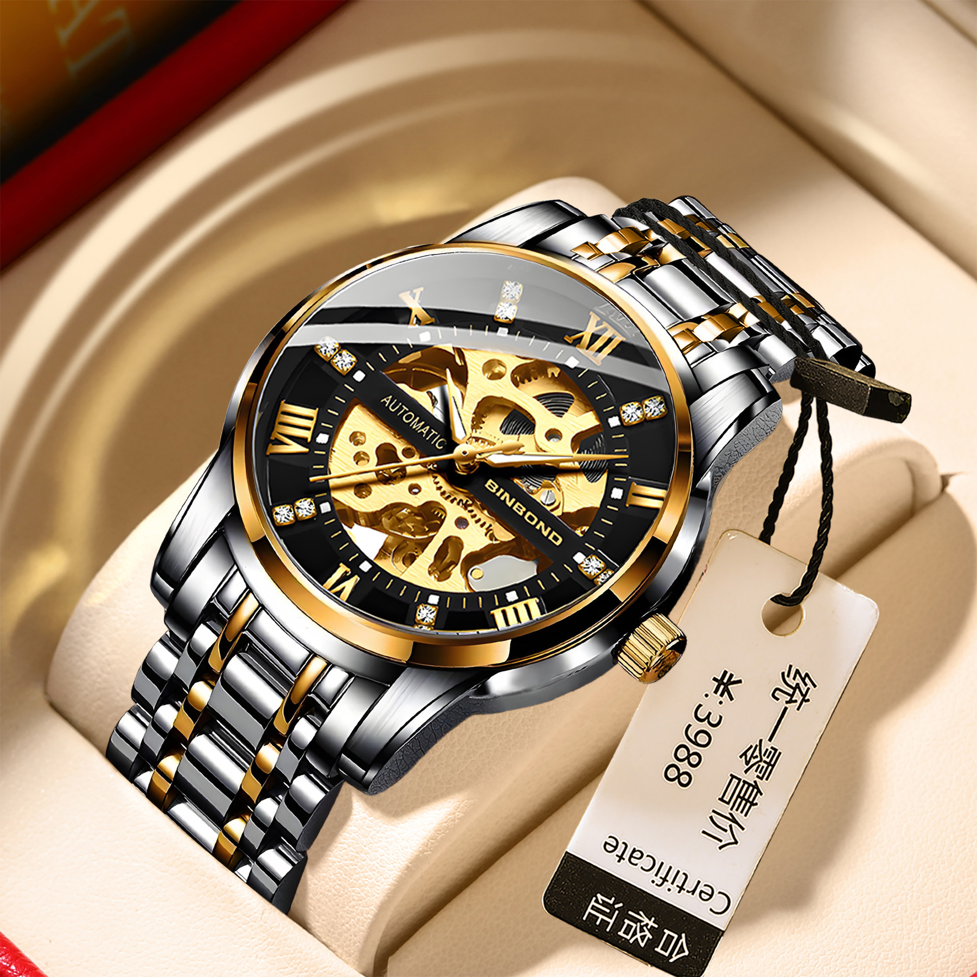 Часы Binbond Binbang вырезанные полностью автоматические механические часы светящиеся модные стальные ремешки мужские водонепроницаемые кварцевые часы