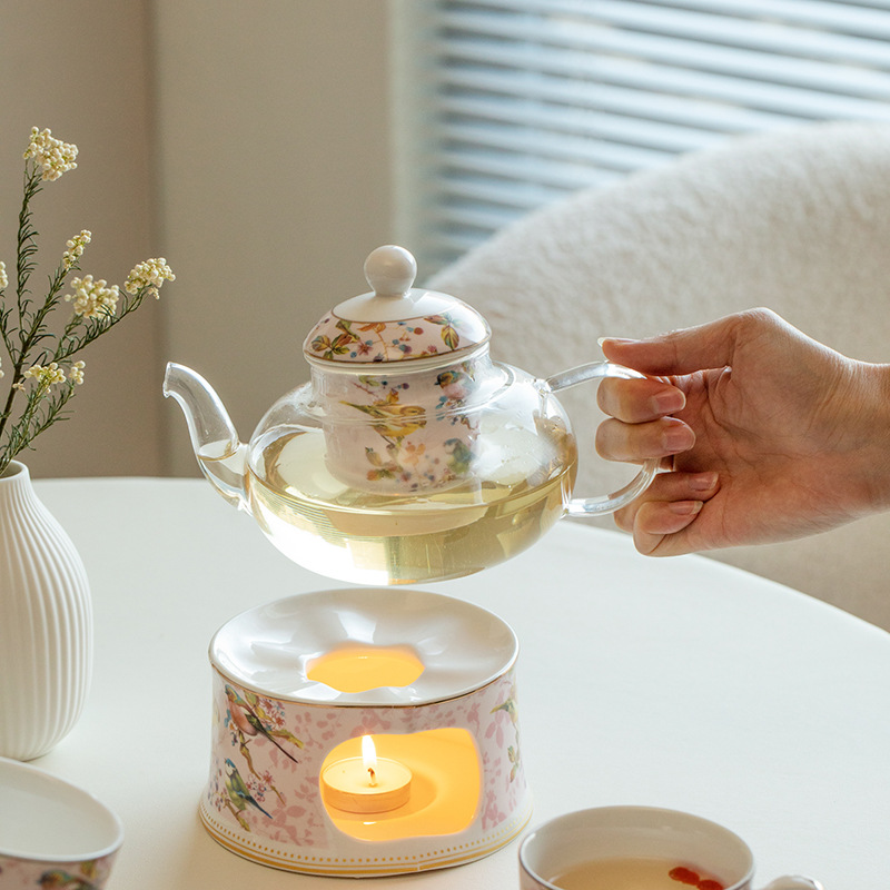 British Afternoon Pink Bird Tea Set Flower Teapot Candle Heating French Afternoon Tea Set Fruit Teapot