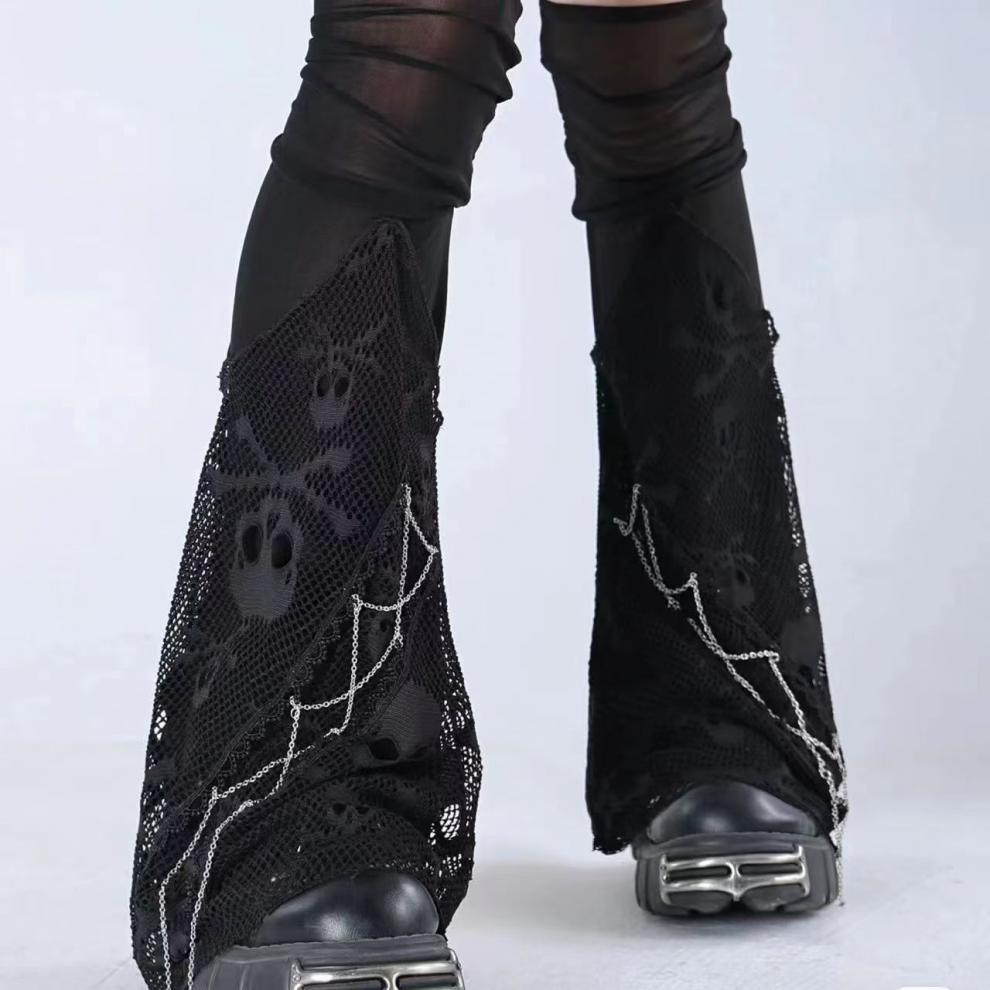 Теплые чулки до колена с черепами, сексуальные высокие чулки, полые темные гетры, сетчатые расклешенные носки