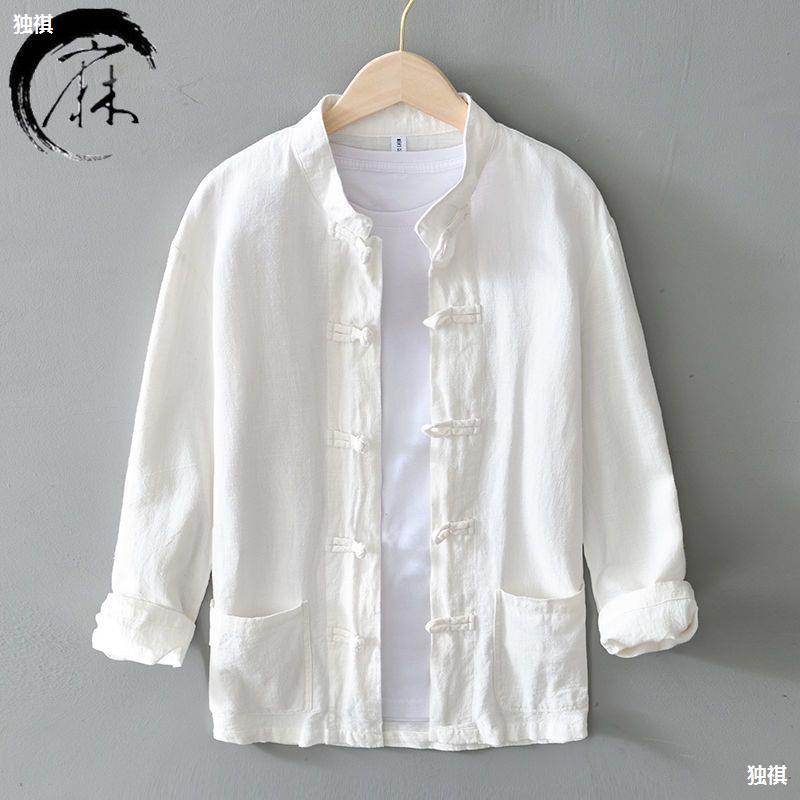 National Fashion Collar Cotton Linen Casual Long-sleeved Shirt Men's Chinese Style Vintage Buckle plus size Ramie Loose Linen Shirt