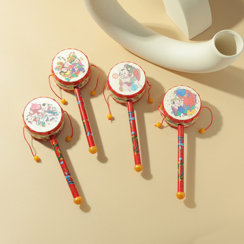 Plastic New Year Picture Rattle Hand Drum Newborn Infant Baby Traditional Puzzle Bell Early Education Auspicious Peace Drum