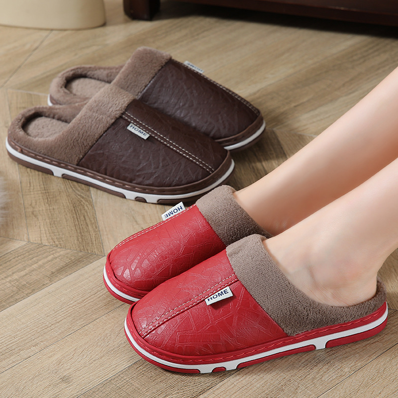 Autumn and Winter Couple Slippers for Women, Non-Slip, Anti-Odor, Indoor and Outdoor Home Fleece-Lined Thick-Soled Confinement Pu Leather Cotton Slippers