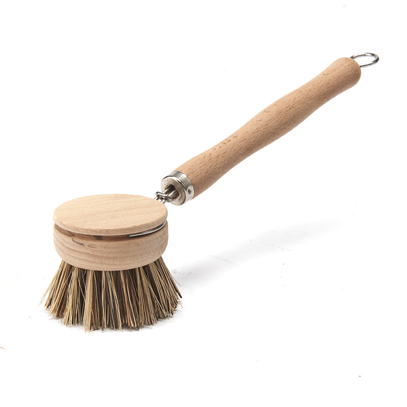 Hot-Selling Non-Stick Pan Kitchen Cleaning Brush with Long Beech Wood Handle, Replaceable Sisal Head Dish Brush, Sisal Material