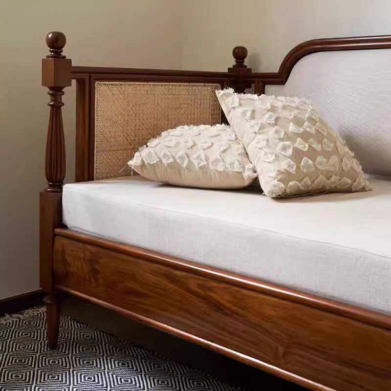 American Retro Solid Wood Sofa Small Apartment Living Room Study Three-Seat Straight Rattan Sofa Bed Antique Furniture