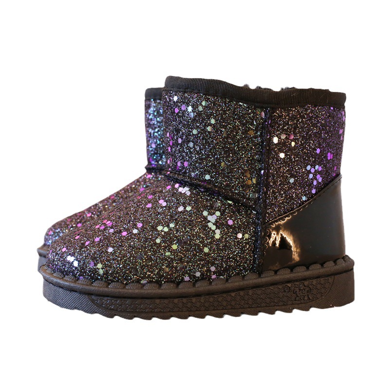 Girls' Snow Boots 2024 Winter New Versatile Sequined Princess Cotton Shoes for Big Children and Girls Fleece-Lined Warm Short Boots