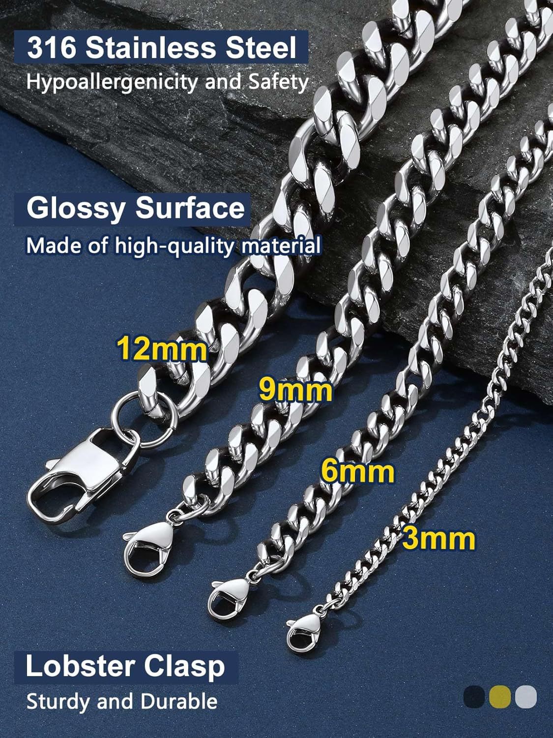Chainspro Stainless Steel Cuban Chain for Men,Miami Cuban Link Chain Necklace 3\/6\/9\/12mm
