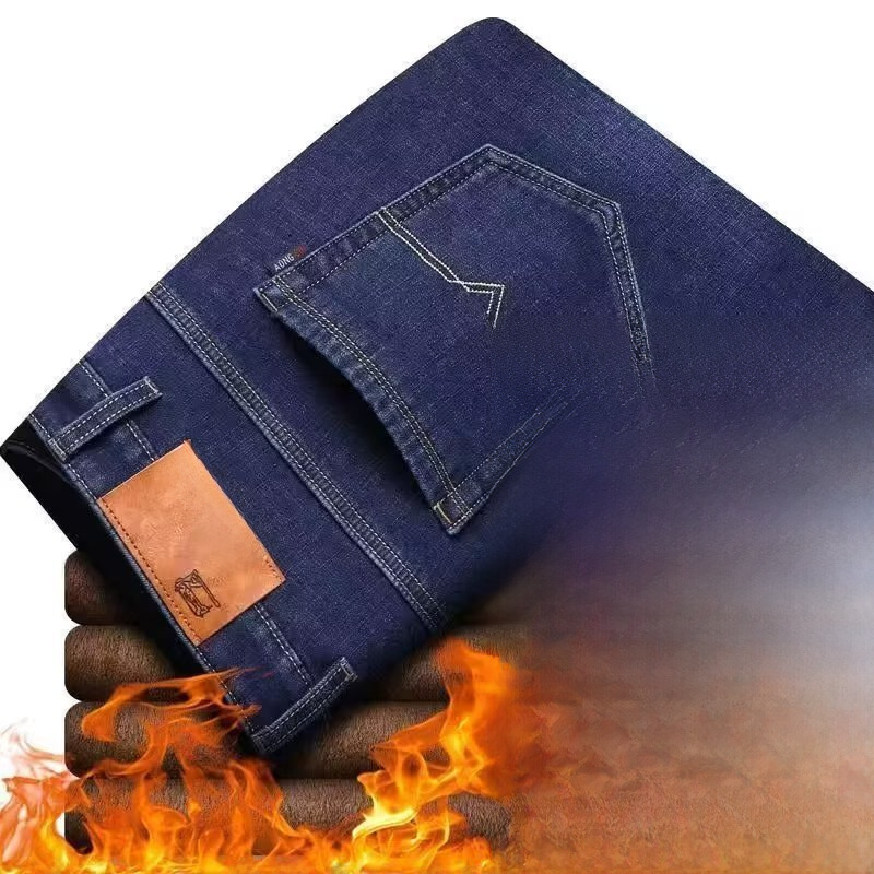 in stock wholesale men's jeans fleece-lined thickened winter warm loose straight straight tube new middle-aged long pants