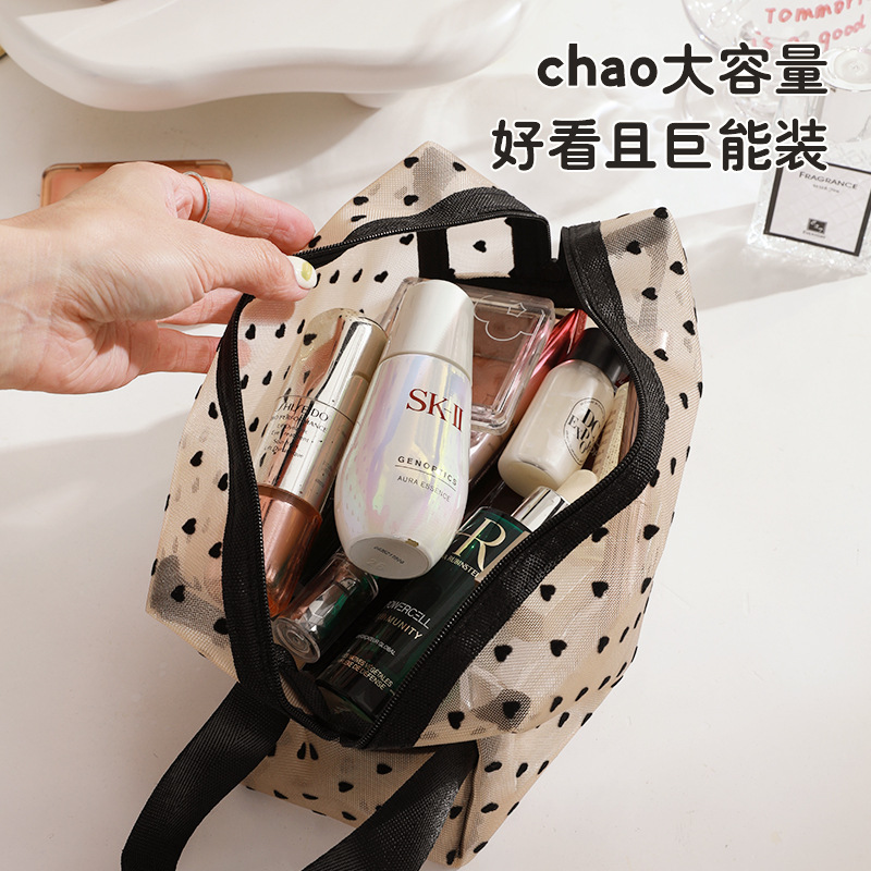 New Heart Cosmetic Bag Satchel Large Capacity Mesh Cosmetics Bag Women's Ins Style Satchel Travel Compact Toiletry Bag