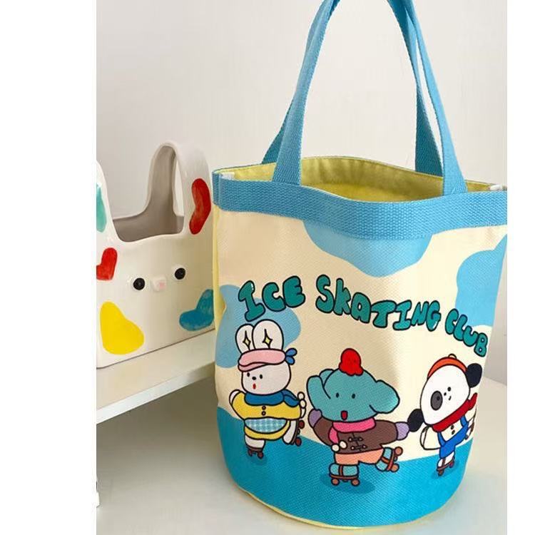 Cute Dog Cylinder Bag Portable Canvas Bag New Korean Style Girl's Heart Lunch Bag Large Capacity Cartoon Bucket Bag