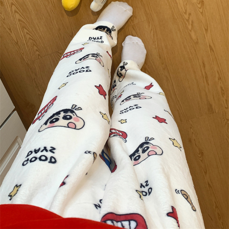 Cute Cartoon Crayon Shin New Pajama Pants Women's Pants Autumn and Winter Warm Coral Fleece Flannel Casual Home Pants