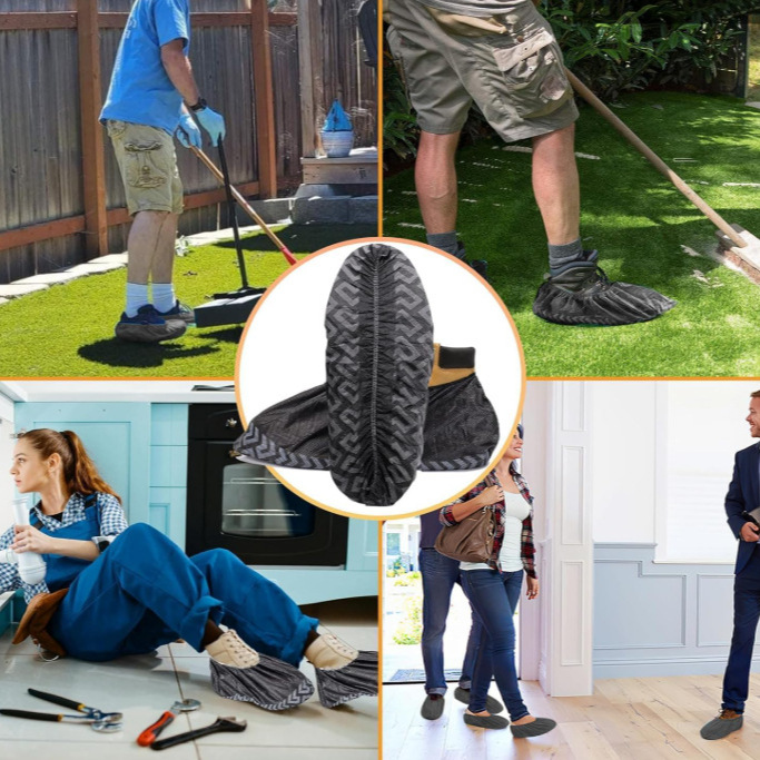 Disposable Shoe Covers Printed Full-Ribbed Black Non-Woven Anti-Slip Foot Covers Thickeneded Household Indoor Wear-Resistant Breathable Dust-Proof