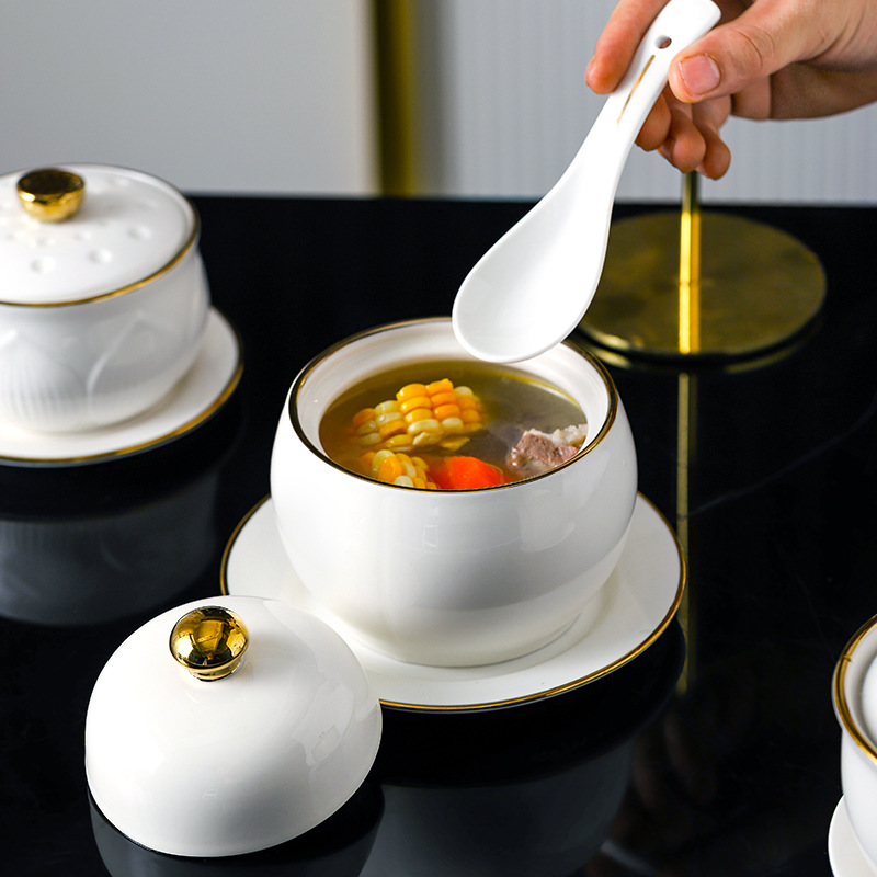 Restaurant Hotel Ceramic Stew Pot with Lid Water-proof Stew Bird's Nest Bowl Soup Pot Commercial Steamed Egg Bowl Stew Pot with Lid