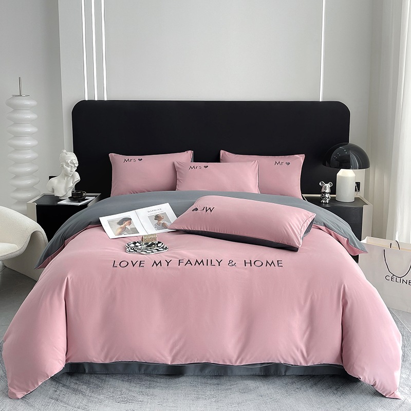 Home Textile Solid Color Four-Piece Set, Pure Cotton Embroidery, High-End Bedding Three or Four-Piece Set, 4-Piece Set Wholesale