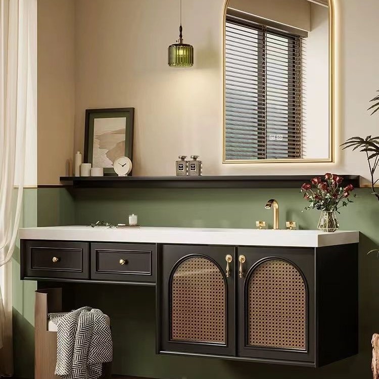 Oak French Retro Bathroom Cabinet Combination Vanity Cabinet Bathroom Sink Bathroom Slate Hot Bending Integrated Basin