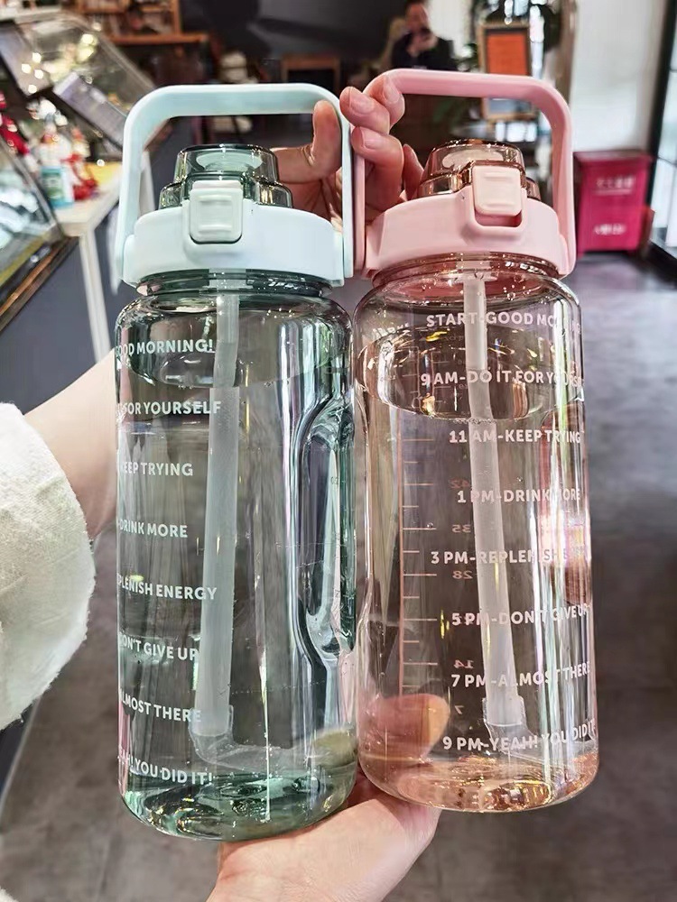 Large Capacity Water Cup for Women with Straw Time Scale 2000ml Sports Popular Summer Water Bottle Plastic Water Kettle