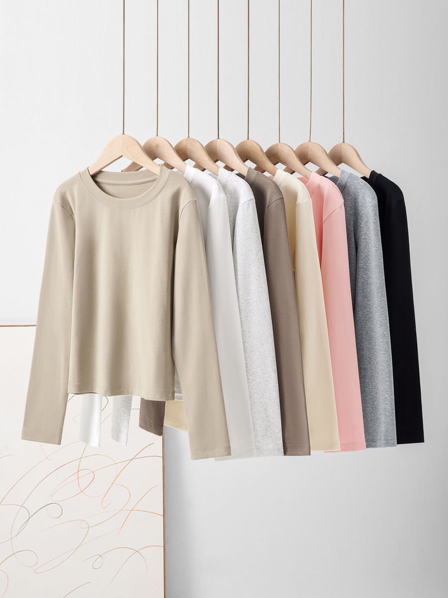 Round Neck, Right Shoulder, Long-Sleeved T-Shirt for Women, Spring & Fall New Style, Slim-Fitting Short Style, Slim Inner Top, Pure Lust Style Bottoming Shirt for Women