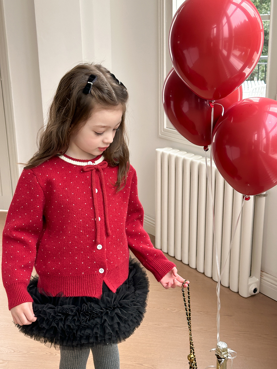 Christmas and New Year Style ~ Korean Style Sweet Polka Dot Bow Cashmere Knitted Cardigan Sweater Jacket for Baby Girls