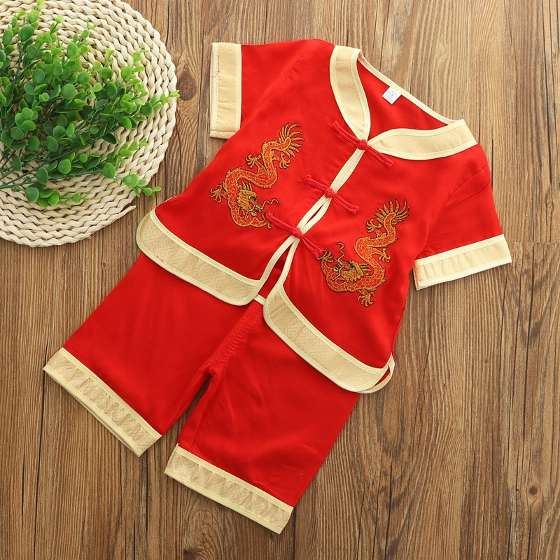 Летний новый китайский стиль для мальчиков и детей Танковое пальто из хлопка и шелка Короткий рукав для мальчиков Танковое пальто для фотосессии на день рождения