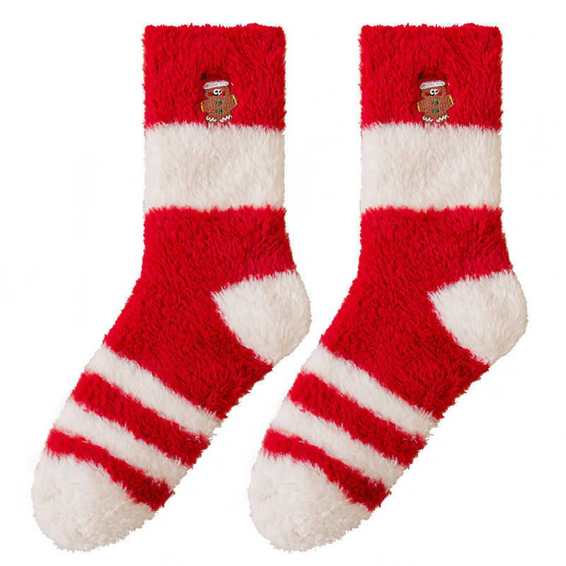 Christmas Coral Velvet Embroidered Red Socks for Couples, Non-Shedding, Thickened and Warm, New Year Mid-Calf Socks, Autumn and Winter Home Socks