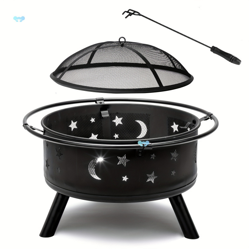 B 897 30 Round Black Metal Fire Pit with Star Moon Cutout