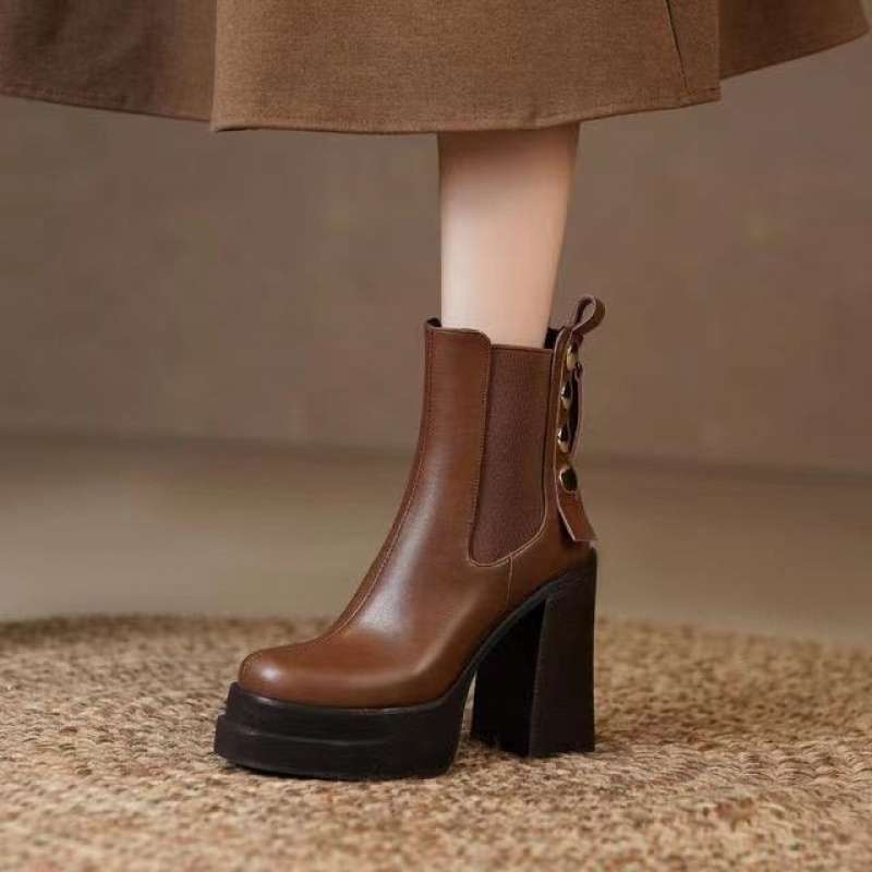 Retro High-Heeled Chelsea Boots 2025 Autumn and Winter New Versatile Waterproof Platform Thick Heel Short Boots with British Style