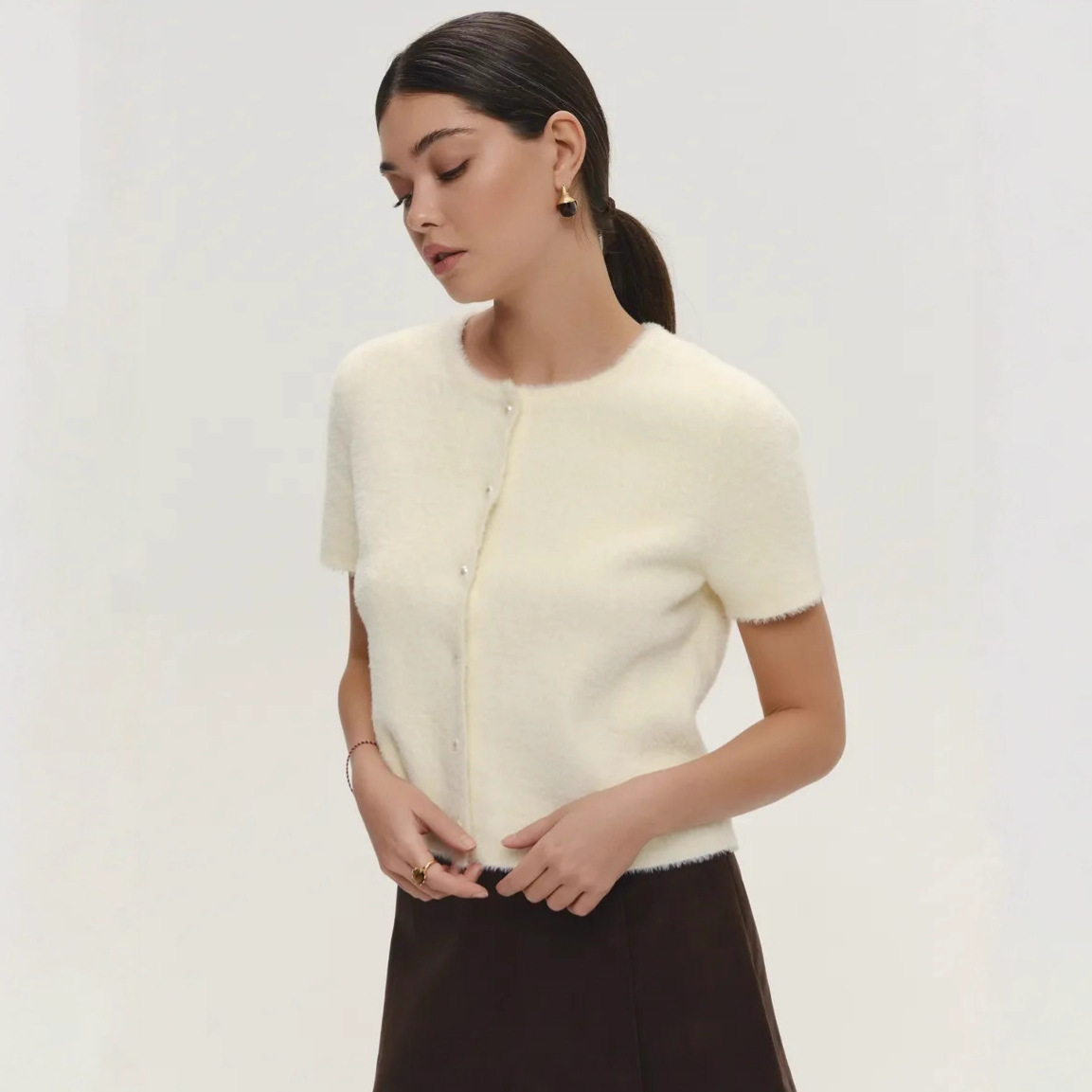 Кросс-бордерный короткий рукав, имитация мускусного свитера, кардиган для женщин, новый весенне-осенний высококачественный плюшевый топ, однотонный вязаный жакет