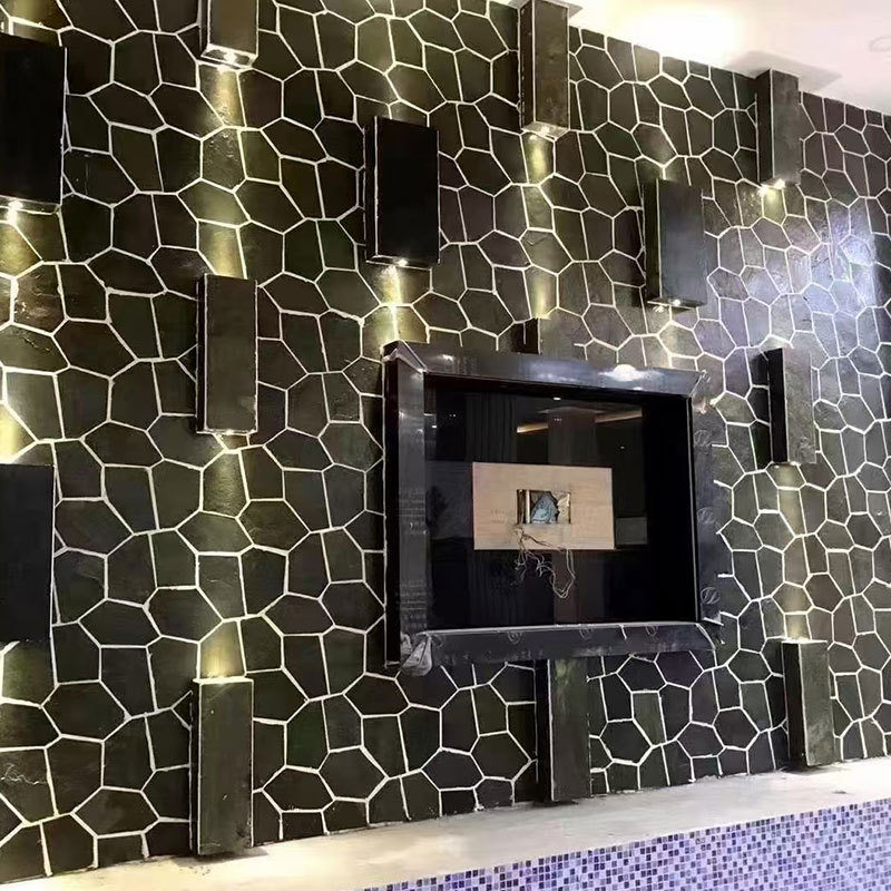Customized Black Ice Crack Cultural Stone for Outdoor Terrace, Irregular Stone Mesh, Vintage Garden Paving Stone Slate