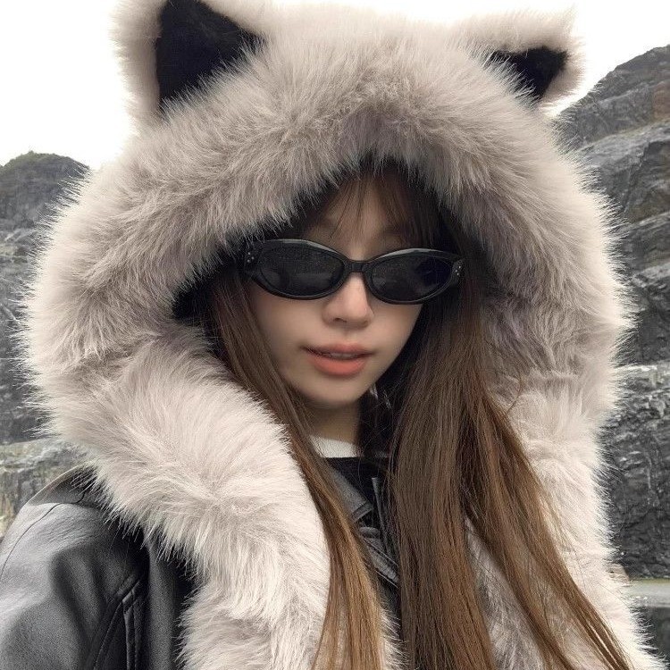 New Plush Fox Ear Scarf Hat Winter Fluffy 2025 Face-Slimming Warm Ear-Protecting Trapper Hat