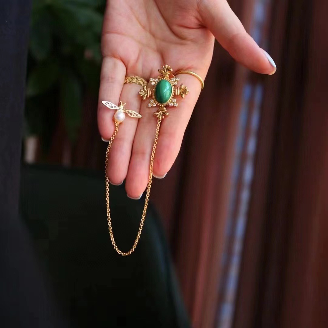 Design Retro Natural Lapis Lazuli Brooch Imperial Lapis Lazuli Malachite S925 Silver Men's and Women's Collar Pin Brooch