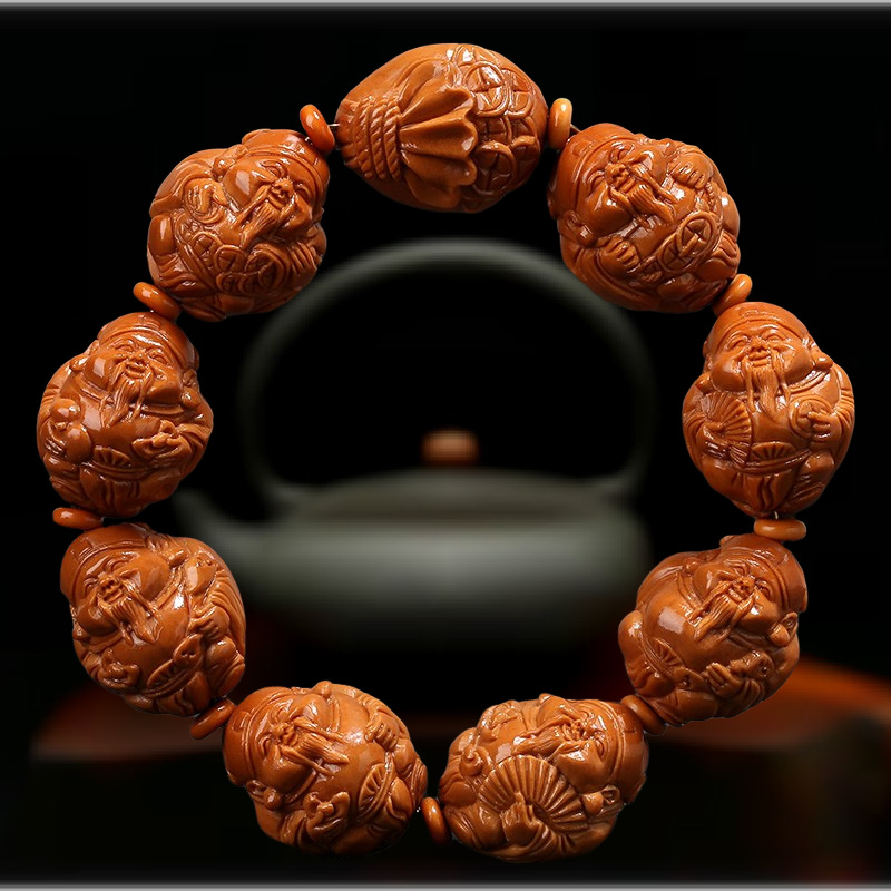 Olive Kernel Bracelet God of Wealth Olive Kernel Carving Maitreya Buddha Nuclear Carving Play 18 Arhat Kowloon Plain Bead Bracelet