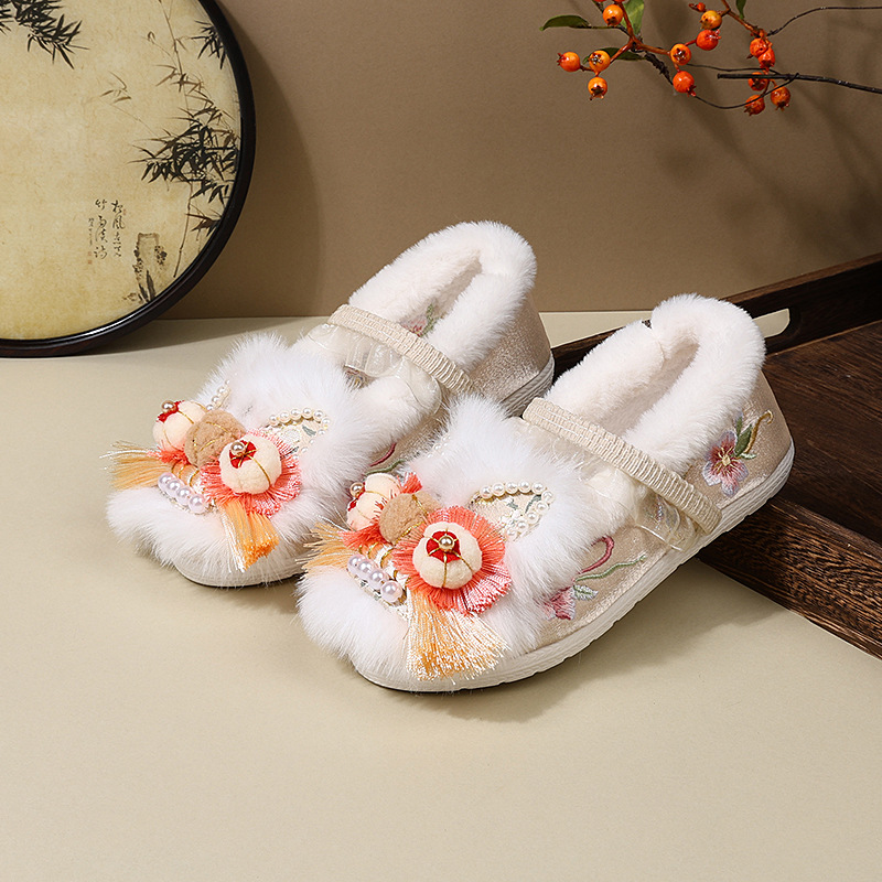 Autumn and Winter fleece-lined Girls Hanfu Embroidered Shoes Handmade Tiger Head Shoes Princess Shoes Ancient Thickened Tang Suit New Year's Shoes