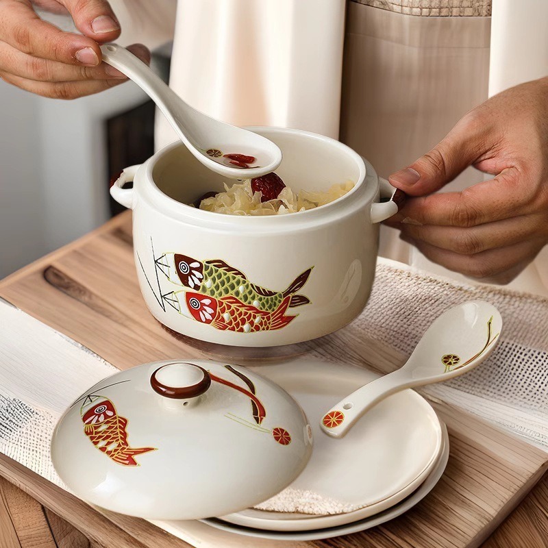 Japanese Underglaze Ceramic Stew Pot Hand-Painted Carp Relief Water-Proof Stew Pot with Lid Buddha Jumping Wall Dessert Bird's Nest Soup Cup
