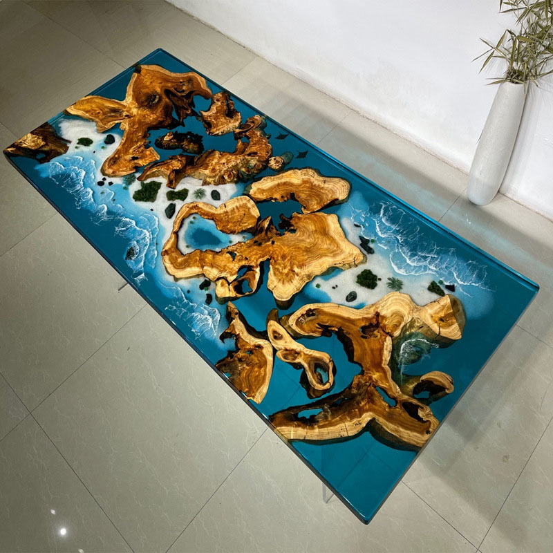 Cross-Border Epoxy Resin River Table Walnut Solid Wood Large Board Tea Table Poplar Transparent Creative Dining Table Waves