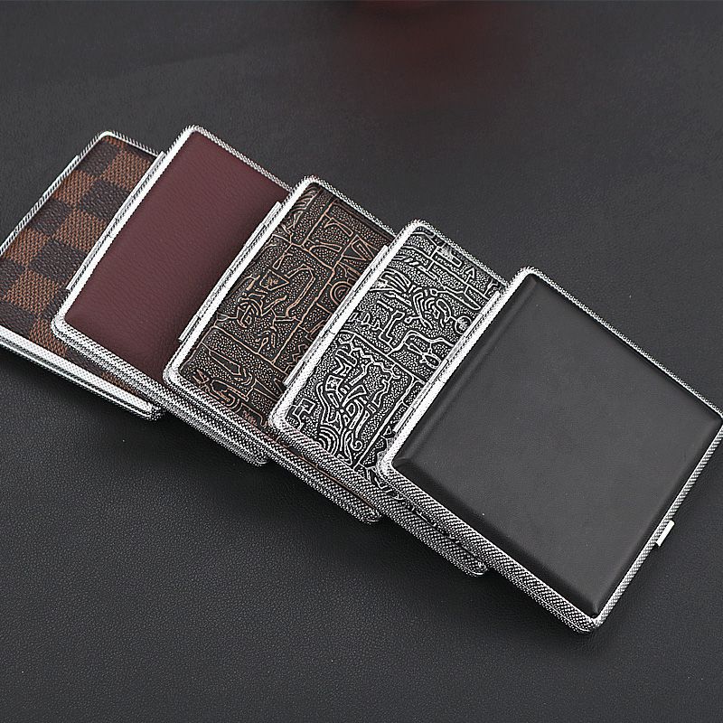Wholesale leather pattern cigarette case men's boutique lightweight 20 metal stick leather cigarette case cigarette holder factory direct smoking set