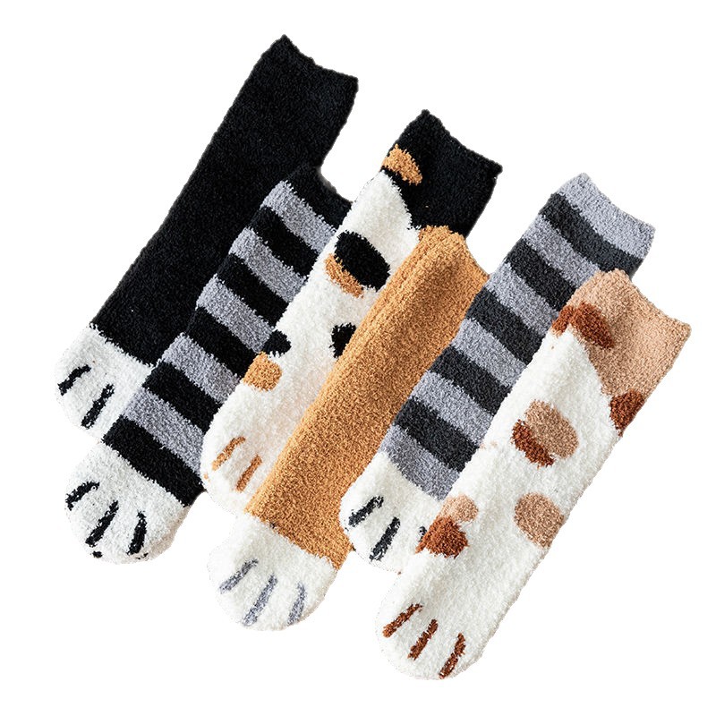 Stuffed Socks for Women, Coral Velvet Autumn and Winter Thickeneded Warm Mid-Calf Socks, Floor Socks, Cat Claws, Cute Home Sleeping Socks for Women