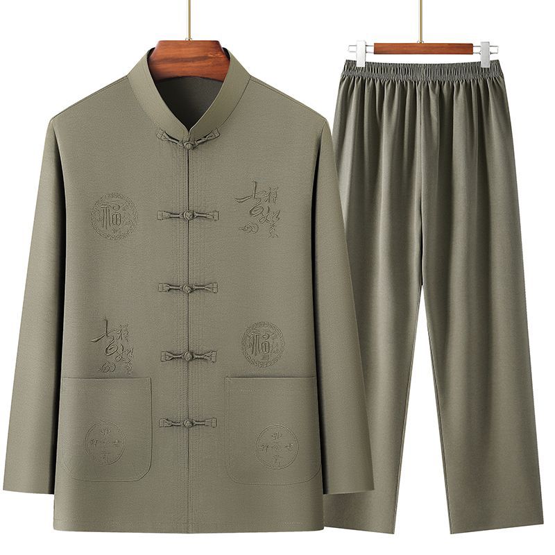 Tang Suit Men's Chinese Style Grandpa Long-Sleeved Embroidered Suit Middle-Aged and Elderly Dad Summer Clothing Han Dynasty Chinese Style Clothes for the Elderly