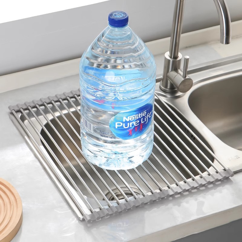 Cross-border Sink Folding Stainless Steel Drain Rack Kitchen Multifunctional Bowl and Plate Vegetable and Fruit Storage Drain Curtain for Hair