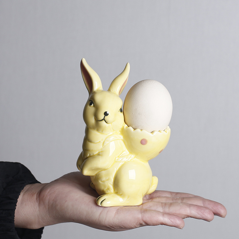 Cross-Border Nordic Style Easter Hand-Painted Ceramic Cartoon Egg-Back Rabbit Egg Cup Egg Holder Egg Rack Home Decoration Ornaments