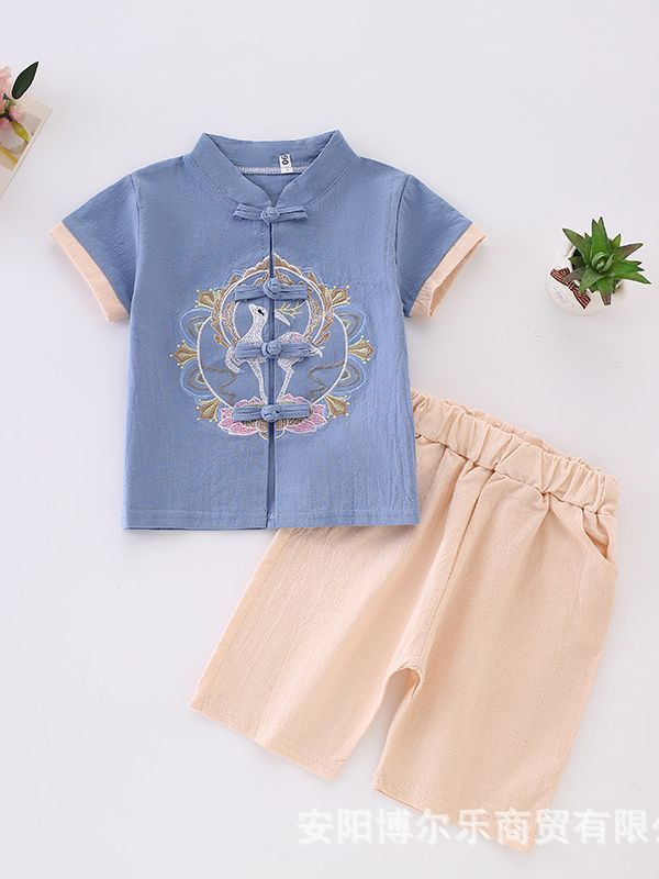 Hanfu Ethnic Style Boys' Cotton and Linen Short-Sleeve Outfit Baby Traditional Chinese Children's Tang Suit Ancient Style Performance Costume