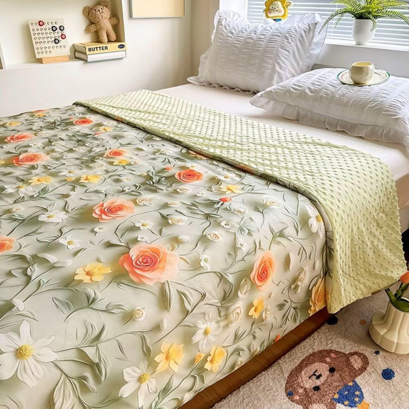 5D Stereo Printed Cool Silk Air-Conditioned Quilt Double Student Dormitory Thin Quilt Ice Bean Summer Quilt Thin Summer Cool Quilt