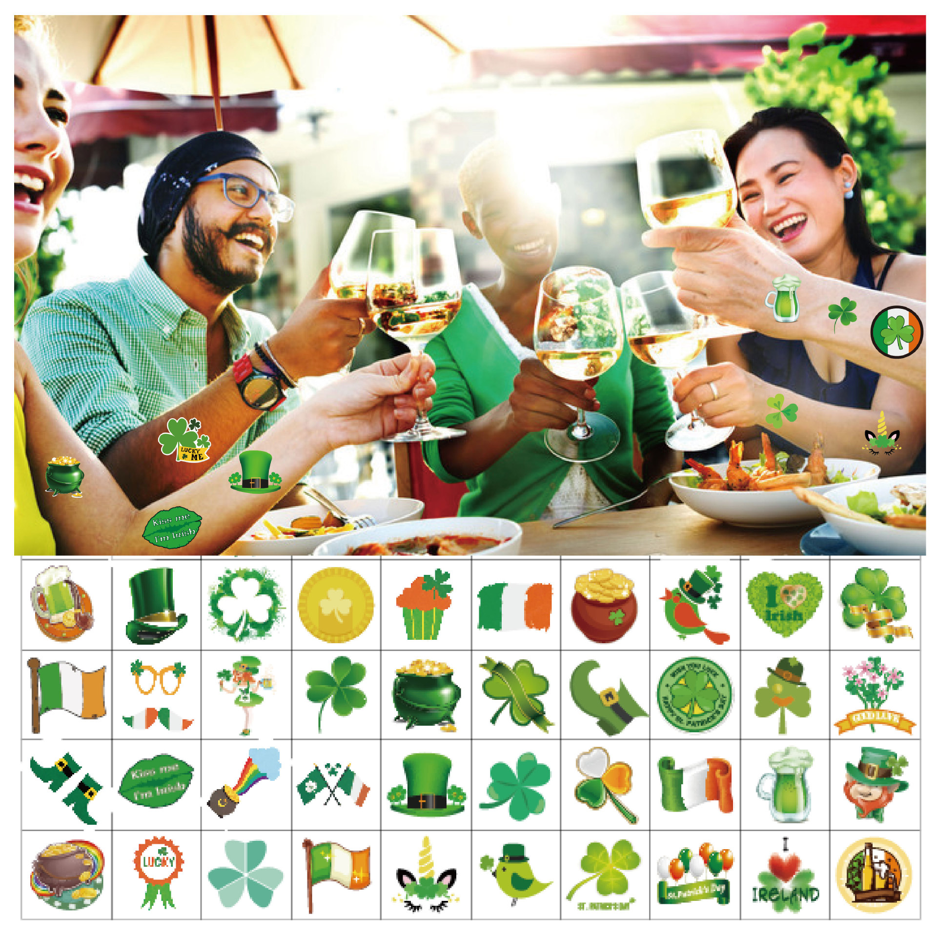 New Cross Border St Patrick's Day Tattoo Party Green Hat Clover Irish Cartoon Cute