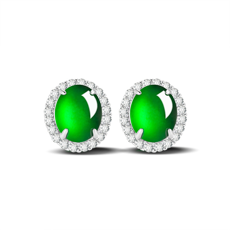 Natural A Jade Oval Egg Face Yang Green Earrings Ice Jade Fashion S925 Silver Inlay Women's Earrings