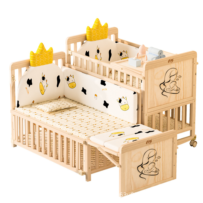 Baby crib solid wood paint-free baby bb cradle multifunctional children newborn movable stitching bed