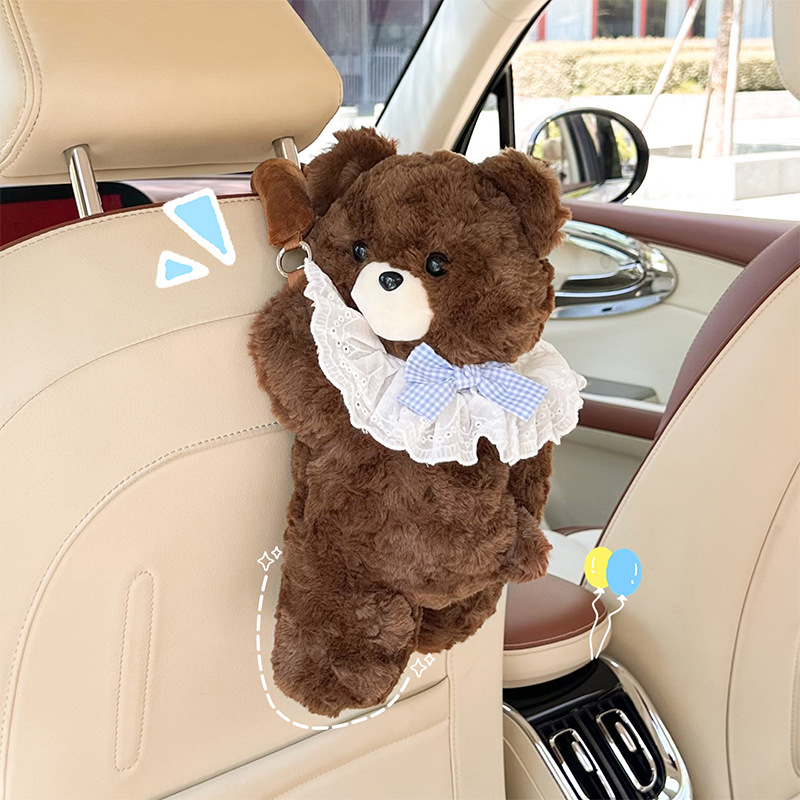 New Cartoon Car Tissue Box Plush Cute Bear Car Hanging Tissue Box Car Interior Decoration Tissue Hanging Bag